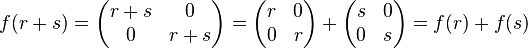 f(r+s) = \begin{pmatrix}
  r+s & 0 \\
   0 & r+s
\end{pmatrix} = \begin{pmatrix}
  r & 0 \\
   0 & r
\end{pmatrix} + \begin{pmatrix}
   s & 0 \\
   0 & s
\end{pmatrix} = f(r) + f(s)