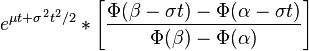 e^{\mu t + \sigma^2 t^2 / 2} * \left[ \frac{ \Phi(\beta- \sigma t) - \Phi(\alpha - \sigma t)  }{\Phi(\beta) - \Phi(\alpha) }  \right] 