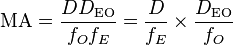 \mathrm{MA}= \frac{ D D_{\mathrm{EO} }}{f_O f_E} = \frac{D}{f_E} \times \frac{ D_{\mathrm{EO}}}{f_O}