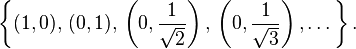 \left\{ (1,0) , \, (0,1), \, \left(0,\frac{1}{\sqrt{2}}\right) , \, \left(0,\frac{1}{\sqrt{3}}\right), \dotsc \right\}.