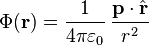  \Phi(\mathbf{r}) = \frac{1}{4\pi\varepsilon_0}\,\frac{\mathbf{p}\cdot\hat{\mathbf{r}}}{r^2}