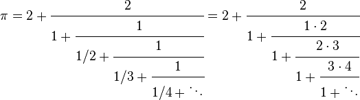 \displaystyle \pi=2+\cfrac{2}{1+\cfrac{1}{1/2+\cfrac{1}{1/3+\cfrac{1}{1/4+\ddots}}}}=2+\cfrac{2}{1+\cfrac{1\cdot2}{1+\cfrac{2\cdot3}{1+\cfrac{3\cdot4}{1+\ddots}}}}