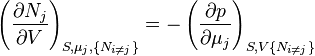 
\left(\frac{\partial N_j}{\partial V}\right)_{S,\mu_j,\{N_{i\ne j}\}} =
-\left(\frac{\partial p}{\partial \mu_j}\right)_{S,V\{N_{i\ne j}\}}
