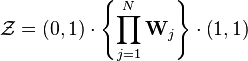 
\mathcal{Z} = \left( 0, 1\right) \cdot \left\{ \prod_{j=1}^{N} \mathbf{W}_{j} \right\} \cdot \left( 1 , 1\right)
