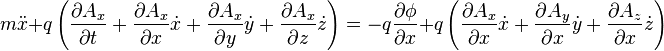 m\ddot{x}+ q\left(\frac{\partial A_x}{\partial t}+\frac{\partial A_x}{\partial x}\dot{x}+\frac{\partial A_x}{\partial y}\dot{y}+\frac{\partial A_x}{\partial z}\dot{z}\right)= -q\frac{\partial \phi}{\partial x}+ q\left(\frac{\partial A_x}{\partial x}\dot{x}+\frac{\partial A_y}{\partial x}\dot{y}+\frac{\partial A_z}{\partial x}\dot{z}\right)