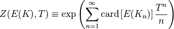 Z(E(K), T) \equiv \exp \left(\sum_{n=1}^{\infty} \mathrm{card} \left[E(K_n)\right] {T^n\over n} \right)