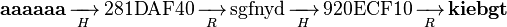 \mathbf{aaaaaa}\,\xrightarrow[\;H\;]{}\,\mathrm{281DAF40}\,\xrightarrow[\;R\;]{}\,\mathrm{sgfnyd}\,\xrightarrow[\;H\;]{}\,\mathrm{920ECF10}\,\xrightarrow[\;R\;]{}\,\mathbf{kiebgt}