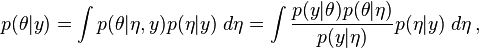 
p(\theta|y)
= \int p(\theta|\eta, y) p(\eta | y) \; d \eta
= \int \frac{p(y | \theta) p(\theta | \eta)}{p(y | \eta)} p(\eta | y) \; d \eta\,,
