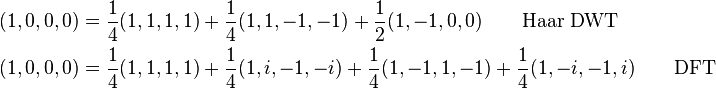 \begin{align}
(1,0,0,0) &= \frac{1}{4}(1,1,1,1) + \frac{1}{4}(1,1,-1,-1) + \frac{1}{2}(1,-1,0,0)  \qquad \text{Haar DWT}\\
(1,0,0,0) &= \frac{1}{4}(1,1,1,1) + \frac{1}{4}(1,i,-1,-i) + \frac{1}{4}(1,-1,1,-1) + \frac{1}{4}(1,-i,-1,i)  \qquad \text{DFT}
\end{align}