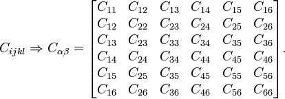  C_{ijkl}  \Rightarrow C_{\alpha \beta} =\begin{bmatrix}
 C_{11}  & C_{12} & C_{13} & C_{14} & C_{15}  & C_{16} \\
 C_{12}  & C_{22} & C_{23} & C_{24} & C_{25}  & C_{26} \\
 C_{13}  & C_{23} & C_{33} & C_{34} & C_{35}  & C_{36} \\
 C_{14}  & C_{24} & C_{34} & C_{44} & C_{45}  & C_{46} \\
 C_{15}  & C_{25} & C_{35} & C_{45} & C_{55}  & C_{56} \\
 C_{16}  & C_{26} & C_{36} & C_{46} & C_{56}  & C_{66} 
\end{bmatrix}.
\,\!