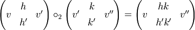 
\begin{pmatrix} & h& \\[-0.9ex] v & & v'\\[-0.9ex]& h'& \end{pmatrix} \circ_2
\begin{pmatrix} & k& \\[-0.9ex] v' & & v''\\[-0.9ex]& k'& \end{pmatrix} =
\begin{pmatrix} & hk& \\[-0.9ex] v & & v''\\[-0.9ex]& h'k'& \end{pmatrix}
