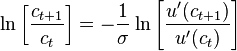 \ln\left[\frac{c_{t+1}}{c_t}\right]=-\frac{1}{\sigma}\ln\left[\frac{u'(c_{t+1})}{u'(c_t)}\right]