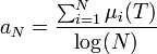 a_N = \frac{\sum_{i=1}^N \mu_i(T)}{\log(N)}