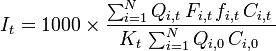  I_t = 1000\times\frac{\sum_{i=1}^N Q_{i,t}\,F_{i,t}\,f_{i,t}\,C_{i,t}\,}{K_t\,\sum_{i=1}^N Q_{i,0}\,C_{i,0}\,} 