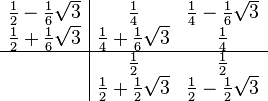 
\begin{array}{c|cc}
\frac12 - \frac16 \sqrt3 & \frac14                  & \frac14 - \frac16 \sqrt3 \\
\frac12 + \frac16 \sqrt3 & \frac14 + \frac16 \sqrt3 & \frac14 \\
\hline
                         & \frac12                  & \frac12 \\
                         & \frac12+\frac12 \sqrt3   & \frac12-\frac12 \sqrt3
\end{array}
