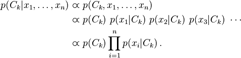 
\begin{align}
p(C_k \vert x_1, \dots, x_n) & \varpropto p(C_k, x_1, \dots, x_n) \\
                             & \varpropto p(C_k) \ p(x_1 \vert C_k) \ p(x_2\vert C_k) \ p(x_3\vert C_k) \ \cdots \\
                             & \varpropto p(C_k) \prod_{i=1}^n p(x_i \vert C_k)\,.
\end{align}
