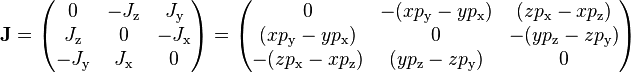 \mathbf{J} = \begin{pmatrix}
0 & - J_\text{z} & J_\text{y} \\
J_\text{z} & 0 & - J_\text{x} \\
- J_\text{y} & J_\text{x} & 0 \\
\end{pmatrix} = \begin{pmatrix}
0 & - (x p_\text{y} - y p_\text{x}) & (z p_\text{x} - x p_\text{z}) \\
(x p_\text{y} - y p_\text{x}) & 0 & - (y p_\text{z} - z p_\text{y}) \\
- (z p_\text{x} - x p_\text{z}) & (y p_\text{z} - z p_\text{y}) & 0 \\
\end{pmatrix}