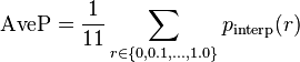 \operatorname{AveP} = \frac{1}{11} \sum_{r \in \{0, 0.1, \ldots, 1.0\}} p_{\operatorname{interp}}(r)