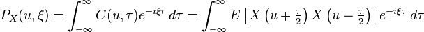 P_X ( u,\xi)=\int_{-\infty }^\infty C(u,\tau) e^{-i\xi \tau} \, d\tau =\int_{-\infty}^\infty E\left [ X\left( u+\tfrac{\tau}{2} \right) X\left( u-\tfrac{\tau}{2} \right) \right ] e^{-i\xi \tau } \, d\tau 