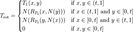 T_{\mathrm{rot}} = \begin{cases}
  T_1(x, y) & \text{if } x, y \in (t, 1] \\
  N(R_{T_1}(x, N(y))) & \text{if } x \in (t, 1] \text{ and } y \in [0, t] \\
  N(R_{T_1}(y, N(x))) & \text{if } x \in [0, t] \text{ and } y \in (t, 1] \\
  0 & \text{if } x, y \in [0, t]
\end{cases}