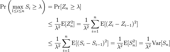 \begin{align}
\text{Pr}\left( \max_{1 \leq i \leq n} S_i \geq \lambda\right) &=
\text{Pr}[Z_n \geq \lambda] \\
&\leq \frac{1}{\lambda^2} \text{E}[Z_n^2]
=\frac{1}{\lambda^2} \sum_{i=1}^n \text{E}[(Z_i - Z_{i-1})^2] \\
&\leq \frac{1}{\lambda^2} \sum_{i=1}^n \text{E}[(S_i - S_{i-1})^2]
=\frac{1}{\lambda^2} \text{E}[S_n^2] = \frac{1}{\lambda^2} \text{Var}[S_n]
\end{align}
