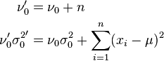 \begin{align}
\nu_0' &= \nu_0 + n \\
\nu_0'{\sigma_0^2}' &= \nu_0 \sigma_0^2 + \sum_{i=1}^n (x_i-\mu)^2
\end{align}