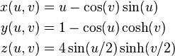 \begin{align}
x(u,v) &= u - \cos(v)\sin(u)\\
y(u,v) &= 1 - \cos(u)\cosh(v)\\
z(u,v) &= 4 \sin(u/2) \sinh(v/2)
\end{align}