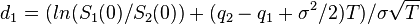 d_1 = (ln (S_1(0)/S_2(0)) + (q_2 - q_1 + \sigma^2/2)T)/ \sigma\sqrt{T}