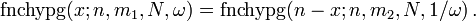 \operatorname{fnchypg}(x;n,m_1,N,\omega) = \operatorname{fnchypg}(n-x;n,m_2,N,1/\omega)\,.