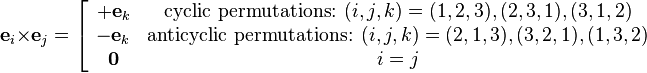 \mathbf{e}_i\times\mathbf{e}_j=\left [ \begin{array}{cc}
+\mathbf{e}_k & \text{cyclic permutations: } (i,j,k) = (1,2,3), (2,3,1), (3,1,2) \\
-\mathbf{e}_k & \text{anticyclic permutations: } (i,j,k) = (2,1,3), (3,2,1), (1,3,2) \\
\boldsymbol{0} & i=j
\end{array}\right.
