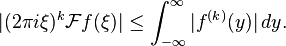 \vert(2\pi i\xi)^k \mathcal{F}f(\xi)\vert \leq \int_{-\infty}^\infty \vert f^{(k)}(y) \vert \,dy.