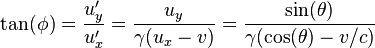 \tan(\phi) = \frac{u_y'}{u_x'} = \frac{u_y}{\gamma(u_x-v)} = \frac{\sin(\theta)}{\gamma(\cos(\theta)-v/c)}