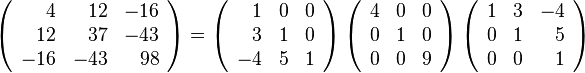 \begin{align}
\left(
  \begin{array}{*{3}{r}}
      4 &  12 & -16 \\
     12 &  37 & -43 \\
    -16 & -43 &  98 \\
  \end{array}
\right)
& =
\left(
  \begin{array}{*{3}{r}}
     1 &  0 &  0 \\
     3 &  1 &  0 \\
    -4 &  5 &  1 \\
  \end{array}
\right)
\left(
  \begin{array}{*{3}{r}}
     4 &  0 &  0 \\
     0 &  1 &  0 \\
     0 &  0 &  9 \\
  \end{array}
\right)
\left(
  \begin{array}{*{3}{r}}
     1 &  3 & -4 \\
     0 &  1 &  5 \\
     0 &  0 &  1 \\
  \end{array}
\right)
\end{align}