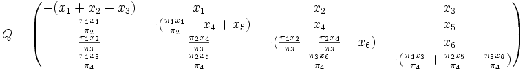 Q = \begin{pmatrix} {-(x_1+x_2+x_3)} & x_1 & x_2 & x_3 \\ {\pi_1 x_1 \over \pi_2} & {-({\pi_1 x_1 \over \pi_2} + x_4 + x_5)} & x_4 & x_5 \\ {\pi_1 x_2 \over \pi_3} & {\pi_2 x_4 \over \pi_3} & {-({\pi_1 x_2 \over \pi_3} + {\pi_2 x_4 \over \pi_3} + x_6)} & x_6 \\  {\pi_1 x_3 \over \pi_4} & {\pi_2 x_5 \over \pi_4} & {\pi_3 x_6 \over \pi_4} & {-({\pi_1 x_3 \over \pi_4} + {\pi_2 x_5 \over \pi_4} + {\pi_3 x_6 \over \pi_4})} \end{pmatrix} 