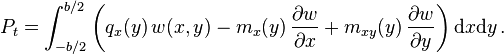 
  P_t = \int_{-b/2}^{b/2}\left(q_x(y)\,w(x,y) - m_x(y)\,\frac{\partial w}{\partial x} + m_{xy}(y)\,\frac{\partial w}{\partial y}\right)\text{d}x\text{d}y \,.
