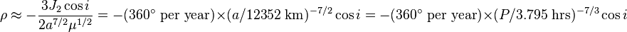 \rho \approx -{\frac {3J_{2}\cos i}{2a^{7/2}\mu ^{1/2}}}=-(360{\text{° per year}})\times (a/12352{\text{ km}})^{-7/2}\cos i=-(360{\text{° per year}})\times (P/3.795{\text{ hrs}})^{-7/3}\cos i