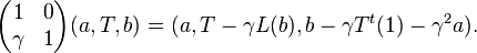 \displaystyle{\begin{pmatrix}1 & 0 \\ \gamma & 1\end{pmatrix}(a,T,b)=(a,T-\gamma L(b),b-\gamma T^t(1) -\gamma^2 a).}