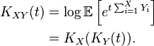 
\begin{align}
K_{XY}(t) &= \log \mathbb{E} \left[ e^{t \sum_{i=1}^{X} Y_i} \right] \\
          &= K_X(K_Y(t)).
\end{align}
