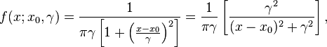 f(x; x_0,\gamma) = \frac{1}{\pi\gamma \left[1 + \left(\frac{x - x_0}{\gamma}\right)^2\right]} = { 1 \over \pi \gamma } \left[ { \gamma^2 \over (x - x_0)^2 + \gamma^2  } \right], 