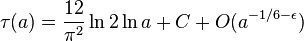 \tau(a) = \frac{12}{\pi^{2}}\ln 2 \ln a + C + O(a^{-1/6-\epsilon})