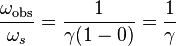 \frac{\omega_{\mathrm{obs}}}{\omega_s} = \frac{1}{\gamma (1 - 0)} = \frac{1}{\gamma} \,