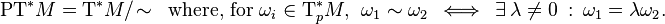 \text{PT}^*M = \text{T}^*M /\! \sim \ \text{ where, for } \omega_i \in \text{T}^*_pM, \  \ \omega_1 \sim \omega_2 \ \iff \ \exists \ \lambda \neq 0 \ : \ \omega_1 = \lambda\omega_2.