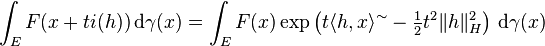 \int_{E} F(x + t i(h)) \, \mathrm{d} \gamma (x) = \int_{E} F(x) \exp \left( t \langle h, x \rangle^{\sim} - \tfrac{1}{2} t^2 \| h \|_{H}^{2} \right) \, \mathrm{d} \gamma (x)