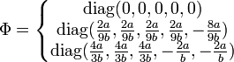 
\Phi=\left\{
\begin{matrix}
  \operatorname{diag}(0,0,0,0,0)\\
  \operatorname{diag}(\frac{2a}{9b},\frac{2a}{9b},\frac{2a}{9b},\frac{2a}{9b},-\frac{8a}{9b})\\
  \operatorname{diag}(\frac{4a}{3b},\frac{4a}{3b},\frac{4a}{3b},-\frac{2a}{b},-\frac{2a}{b})
\end{matrix}
\right.
