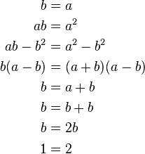 
\begin{align}
b        &= a \\
ab       &= a^2 \\
ab - b^2 &= a^2 - b^2 \\
b(a - b) &= (a + b)(a - b) \\
b        &= a + b \\
b        &= b + b \\
b        &= 2b \\
1        &= 2
\end{align}
