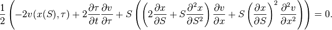 \frac{1}{2}\left(-2v(x(S),\tau)+2 \frac{\partial\tau}{\partial t} \frac{\partial v}{\partial \tau} +S\left(\left(2 \frac{\partial x}{\partial S} + S\frac{\partial^2 x}{\partial S^2}\right) 
\frac{\partial v}{\partial x} + 
S \left(\frac{\partial x}{\partial S}\right)^2 \frac{\partial^2 v}{\partial x^2}\right)\right)=0.
