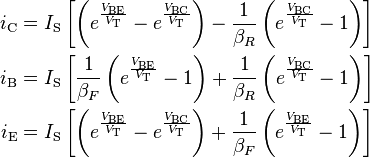 \begin{align}
  i_{\text{C}} &= I_\text{S} \left[                   \left(e^\frac{V_\text{BE}}{V_\text{T}} - e^\frac{V_\text{BC}}{V_\text{T}}\right) - \frac{1}{\beta_R} \left(e^\frac{V_\text{BC}}{V_\text{T}} - 1\right) \right]\\
  i_{\text{B}} &= I_\text{S} \left[ \frac{1}{\beta_F} \left(e^\frac{V_\text{BE}}{V_\text{T}} - 1                               \right) + \frac{1}{\beta_R} \left(e^\frac{V_\text{BC}}{V_\text{T}} - 1\right) \right]\\
  i_{\text{E}} &= I_\text{S} \left[                   \left(e^\frac{V_\text{BE}}{V_\text{T}} - e^\frac{V_\text{BC}}{V_\text{T}}\right) + \frac{1}{\beta_F} \left(e^\frac{V_\text{BE}}{V_\text{T}} - 1\right) \right]
\end{align}