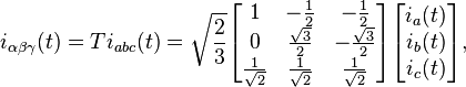 i_{\alpha\beta\gamma}(t) = Ti_{abc}(t) = \sqrt{\frac{2}{3}}\begin{bmatrix} 1 & -\frac{1}{2} & -\frac{1}{2} \\ 
0 & \frac{\sqrt{3}}{2} & -\frac{\sqrt{3}}{2} \\ 
\frac{1}{\sqrt2} & \frac{1}{\sqrt2} & \frac{1}{\sqrt2} \\ 
\end{bmatrix}\begin{bmatrix}i_a(t)\\i_b(t)\\i_c(t)\end{bmatrix},