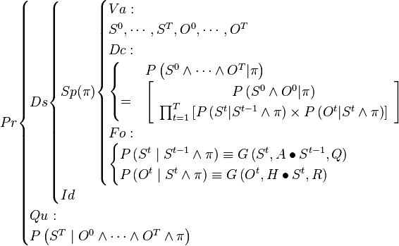 
Pr\begin{cases}
Ds\begin{cases}
Sp(\pi)\begin{cases}
Va:\\
S^{0},\cdots,S^{T},O^{0},\cdots,O^{T}\\
Dc:\\
\begin{cases}
 & P\left(S^{0}\wedge\cdots\wedge O^{T}|\pi\right)\\
= & \left[\begin{array}{c}
P\left(S^{0}\wedge O^{0}|\pi\right)\\
\prod_{t=1}^{T}\left[P\left(S^{t}|S^{t-1}\wedge\pi\right)\times P\left(O^{t}|S^{t}\wedge\pi\right)\right]\end{array}\right]\end{cases}\\
Fo:\\
\begin{cases}
P\left(S^t \mid S^{t-1}\wedge\pi\right)\equiv G\left(S^{t},A\bullet S^{t-1},Q\right)\\
P\left(O^t \mid S^t \wedge\pi\right)\equiv G\left(O^{t},H\bullet S^{t},R\right)\end{cases}\end{cases}\\
Id\end{cases}\\
Qu:\\
P\left(S^T \mid O^0 \wedge\cdots\wedge O^{T}\wedge\pi\right)\end{cases}
