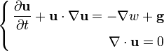 \left\{ \begin{align} 
{\partial \bold u \over\partial t}+ \bold u \cdot \nabla \bold u =- \nabla w + \bold{g}  \\
\nabla\cdot \bold u=0
\end{align}\right.